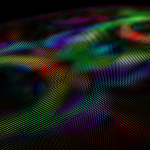 A detailed view of axial slice of a diffusion tensor imaging dataset.  The coloring indicates the principal diffusion direction, with red going left-right, green going anterior posterior, and blue going inferior-superior. Alternate: The primary eigenvector of the diffusion tensor at each voxel indicates the orientation of the fibers at each point in these three axial slices. Software: DIRAC. Image by Vishal Patel, PhD.